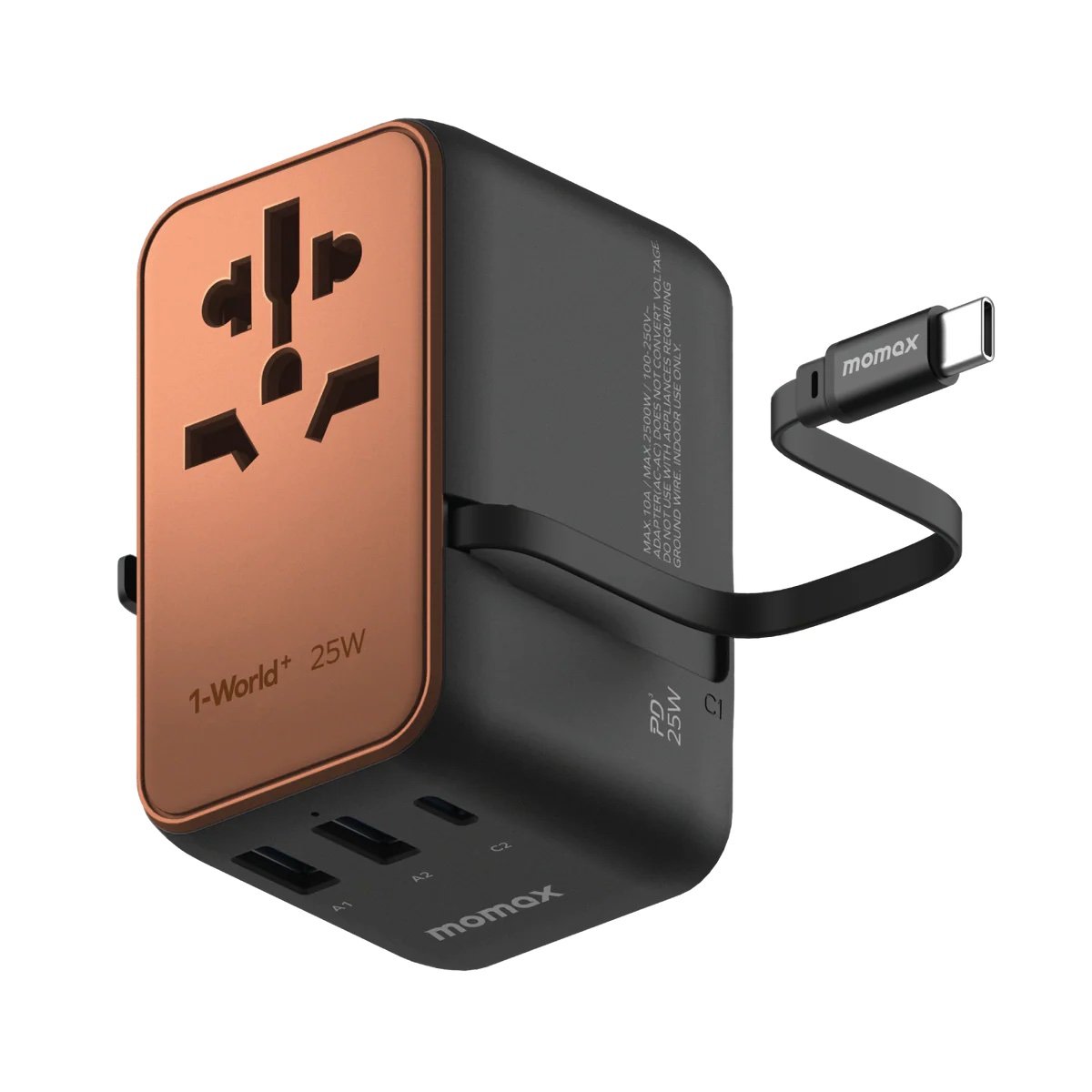 img_4486 1-World+ 3-Port Travel Charger Built-In USB-C Cable 25W - Image 1